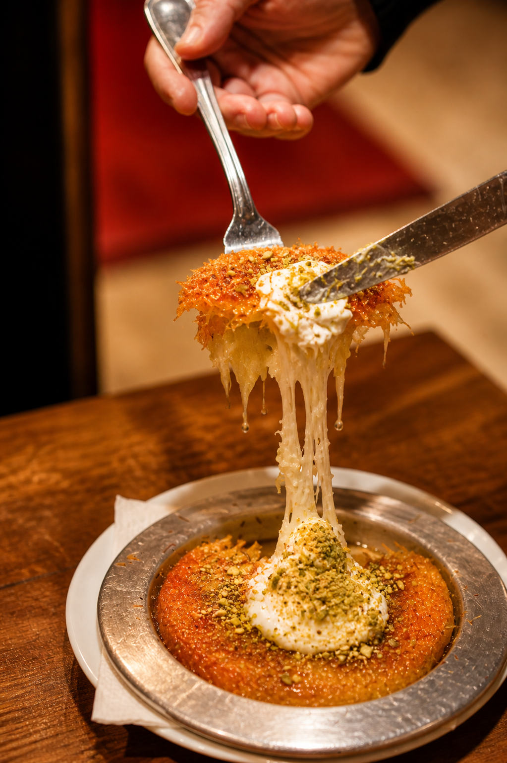 Künefe — cheveux d'ange, fromage fondant, pistaches
