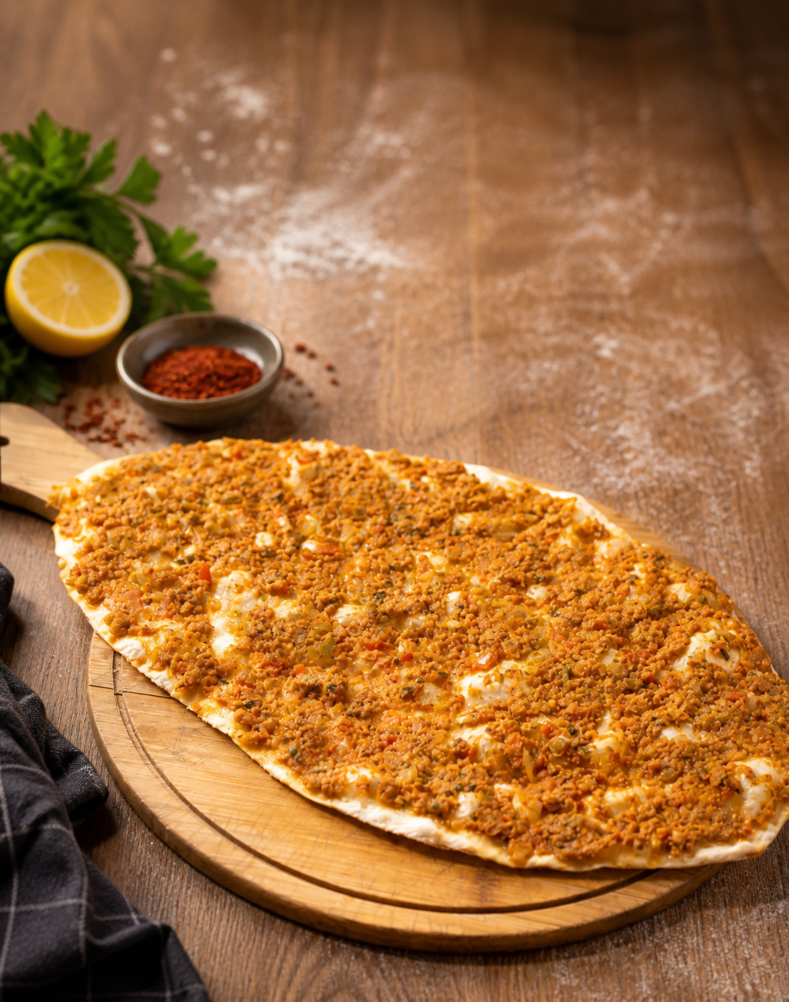 Lahmacun — galette fine garnie d'agneau haché et tomate
